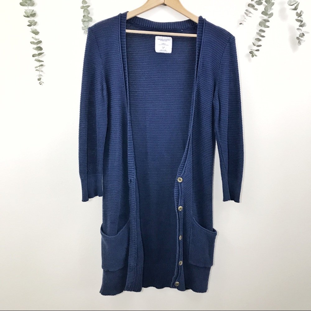 AEO Navy Duster Cardigan With Pockets Boho Indie